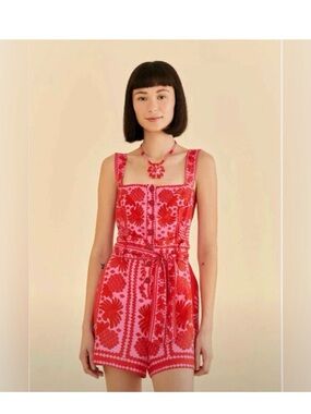 FARM Rio Red & Pink Floral Belted Square-Neck romper Jungle scarf romper